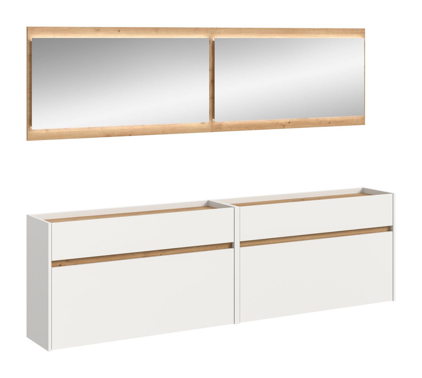 furnling Garderoben-Set Dravo, (4-St., Garderobenpaneel, Hängeregal, Schuhkommode, Spiegel), großzügiger Stauraum, mit LED-Beleuchtung, weiß/Artisan Oak von furnling