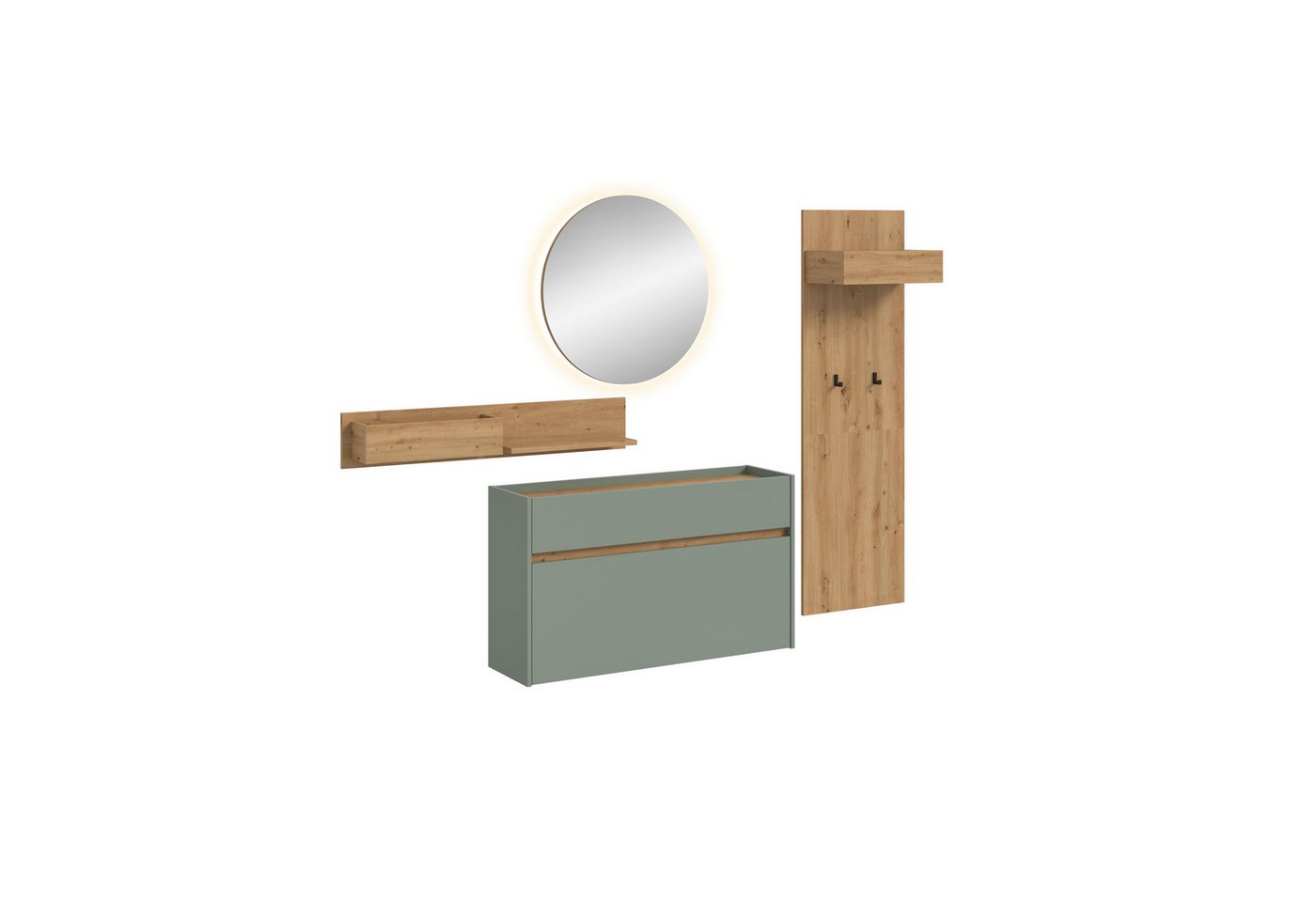 furnling Garderoben-Set Dravo, (4-St., Garderobenpaneel, Hängeregal, Schuhkommode, beleuchteter Spiegel), 2 Haken, große Ablagefläche, mit Beleuchtung, Salbei/Artisan Oak von furnling