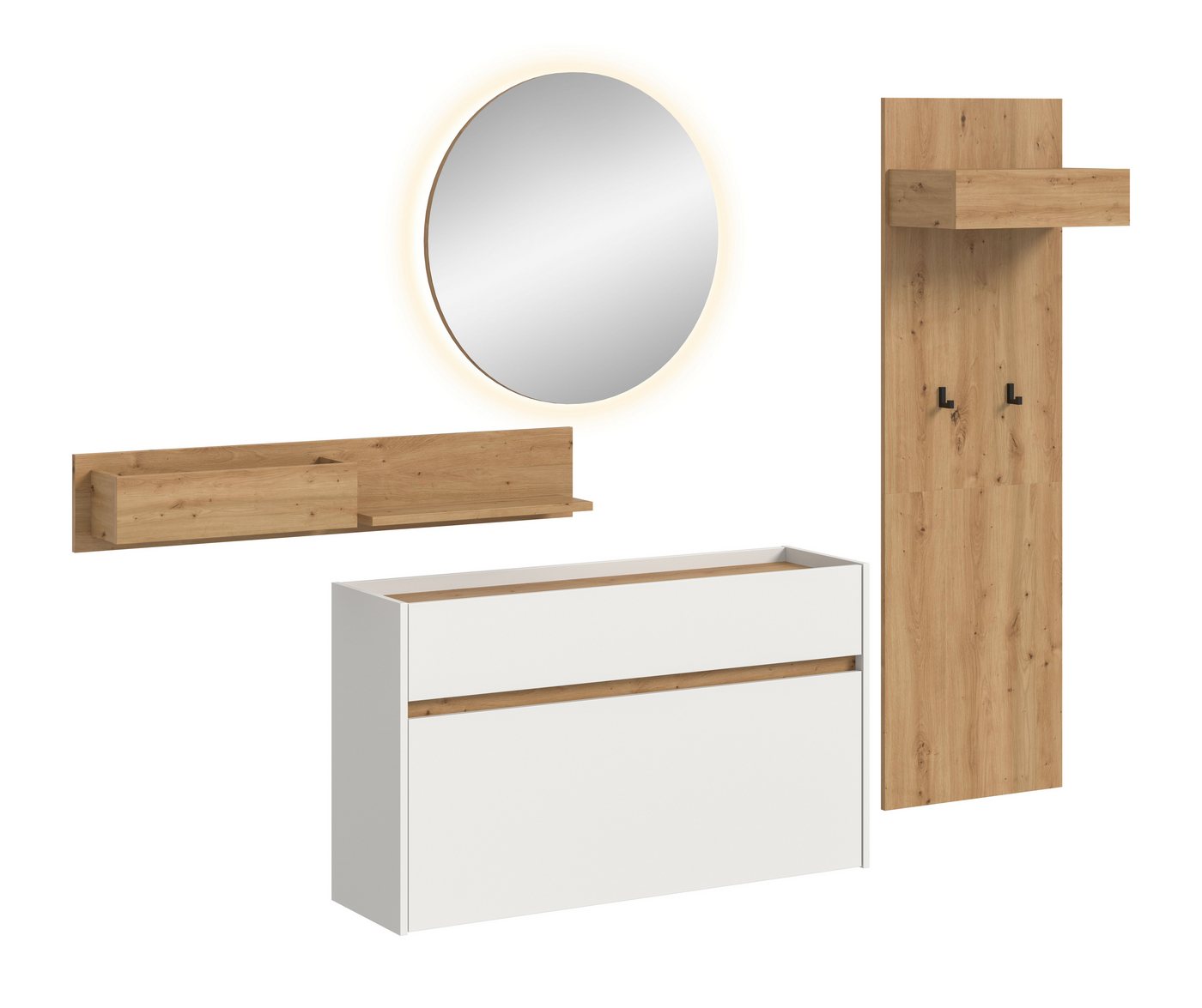 furnling Garderoben-Set Dravo, (4-St., Garderobenpaneel, Hängeregal, Schuhkommode, beleuchteter Spiegel), 2 Haken, große Ablagefläche, mit Beleuchtung, weiß/Artisan Oak von furnling
