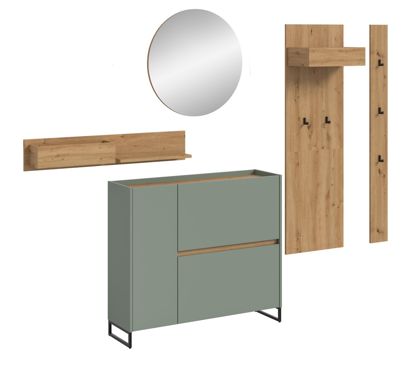 furnling Garderoben-Set Dravo, (5-St., 2x Garderobenpaneel, Hängeregal, Schuhkommode, Spiegel), 5 Haken, Spiegelfläche, Höhe 197 cm, Salbei/Artisan Oak von furnling
