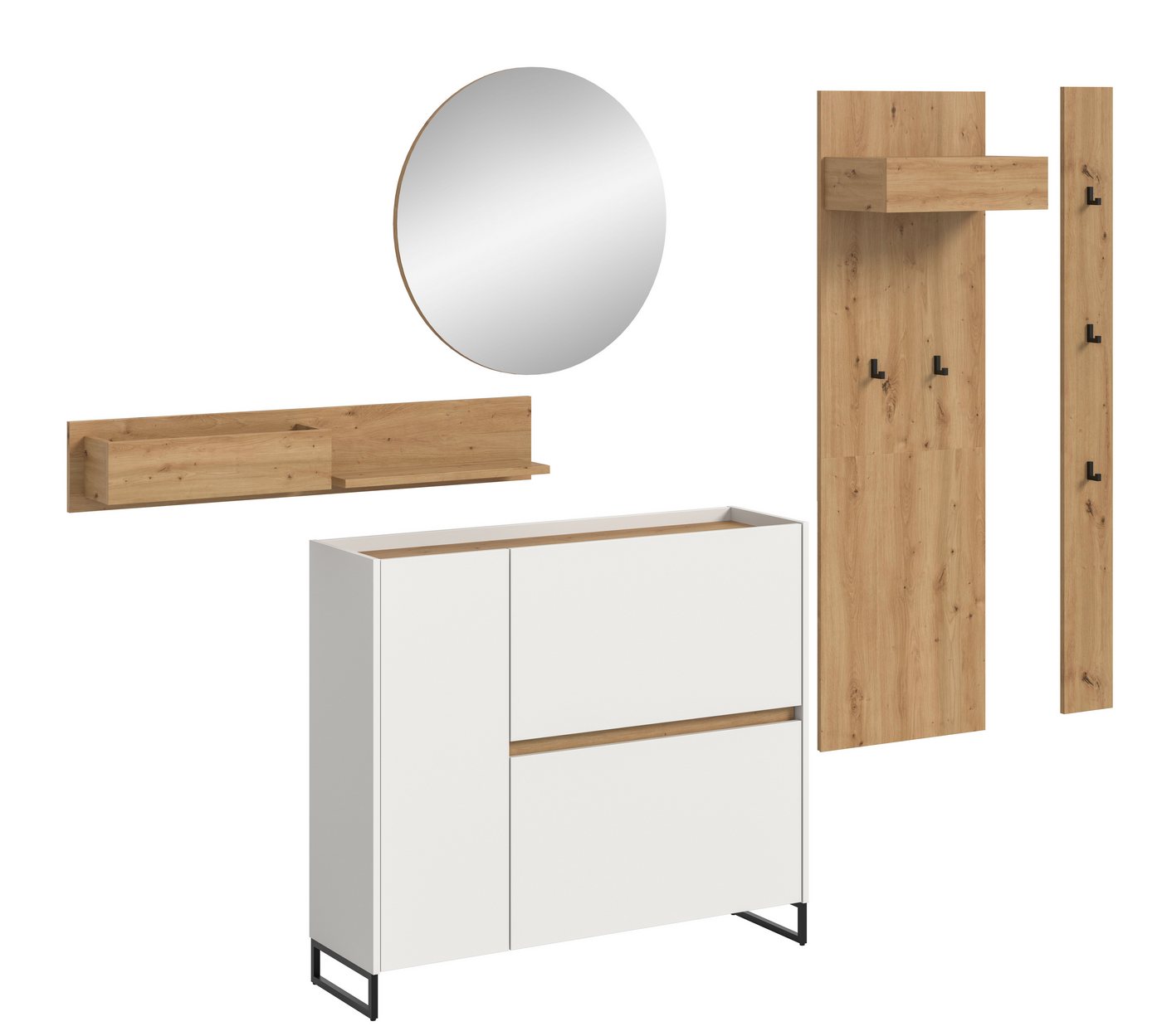 furnling Garderoben-Set Dravo, (5-St., 2x Garderobenpaneel, Hängeregal, Schuhkommode, Spiegel), 5 Haken, Spiegelfläche, Höhe 197 cm, weiß/Artisan Oak von furnling