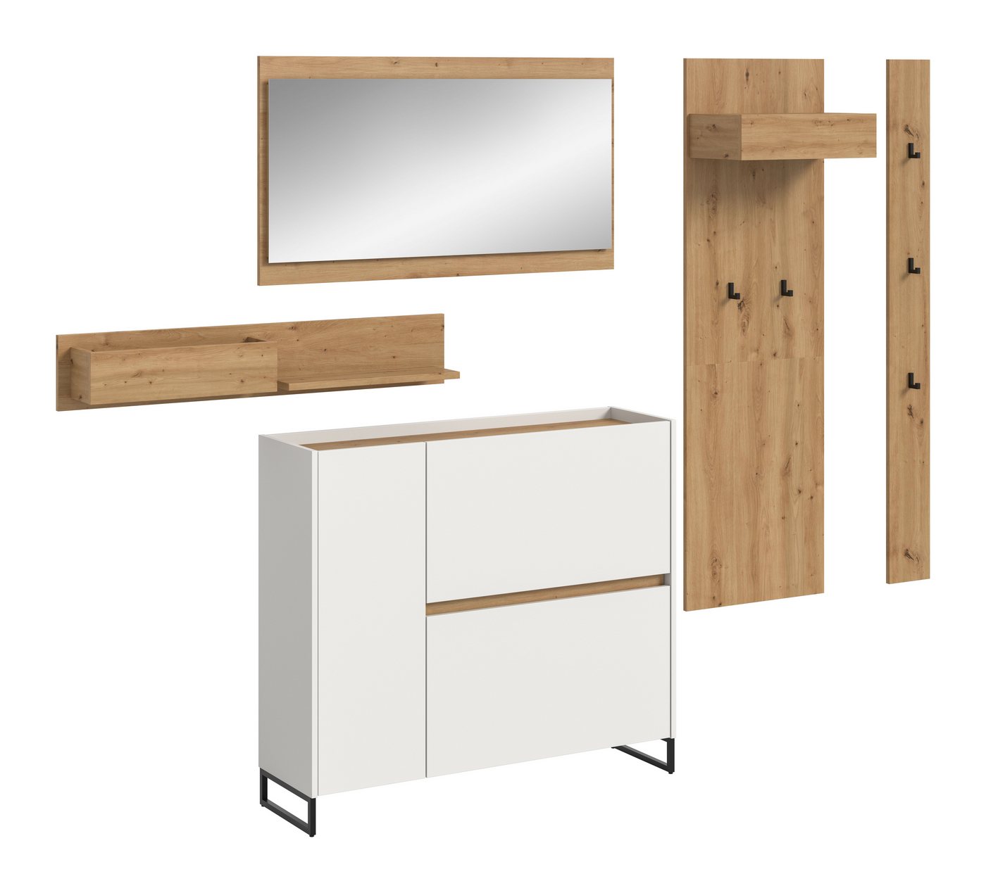 furnling Garderoben-Set Dravo, (5-St., 2x Garderobenpaneel, Hängeregal, Schuhkommode, Spiegel), 5 Haken, mit Ablagefläche, weiß/Artisan Oak, Breite 236 cm von furnling