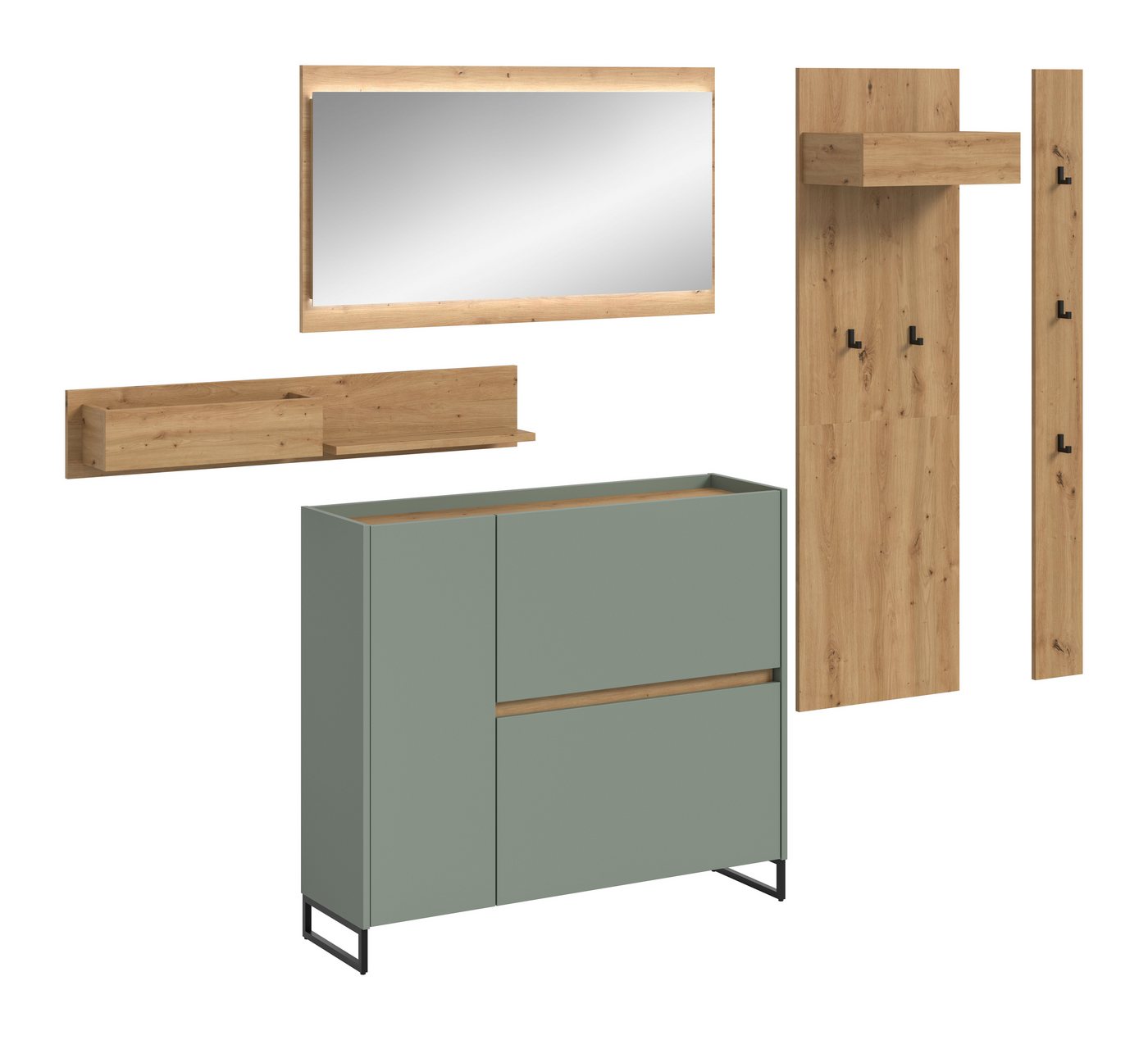 furnling Garderoben-Set Dravo, (5-St., Beleuchtung, 2x Garderobenpaneel, Hängeregal, Schuhkommode, Spiegel), 4 Haken, große Ablagefläche, mit LED-Beleuchtung, Salbei/Artisan Oak von furnling