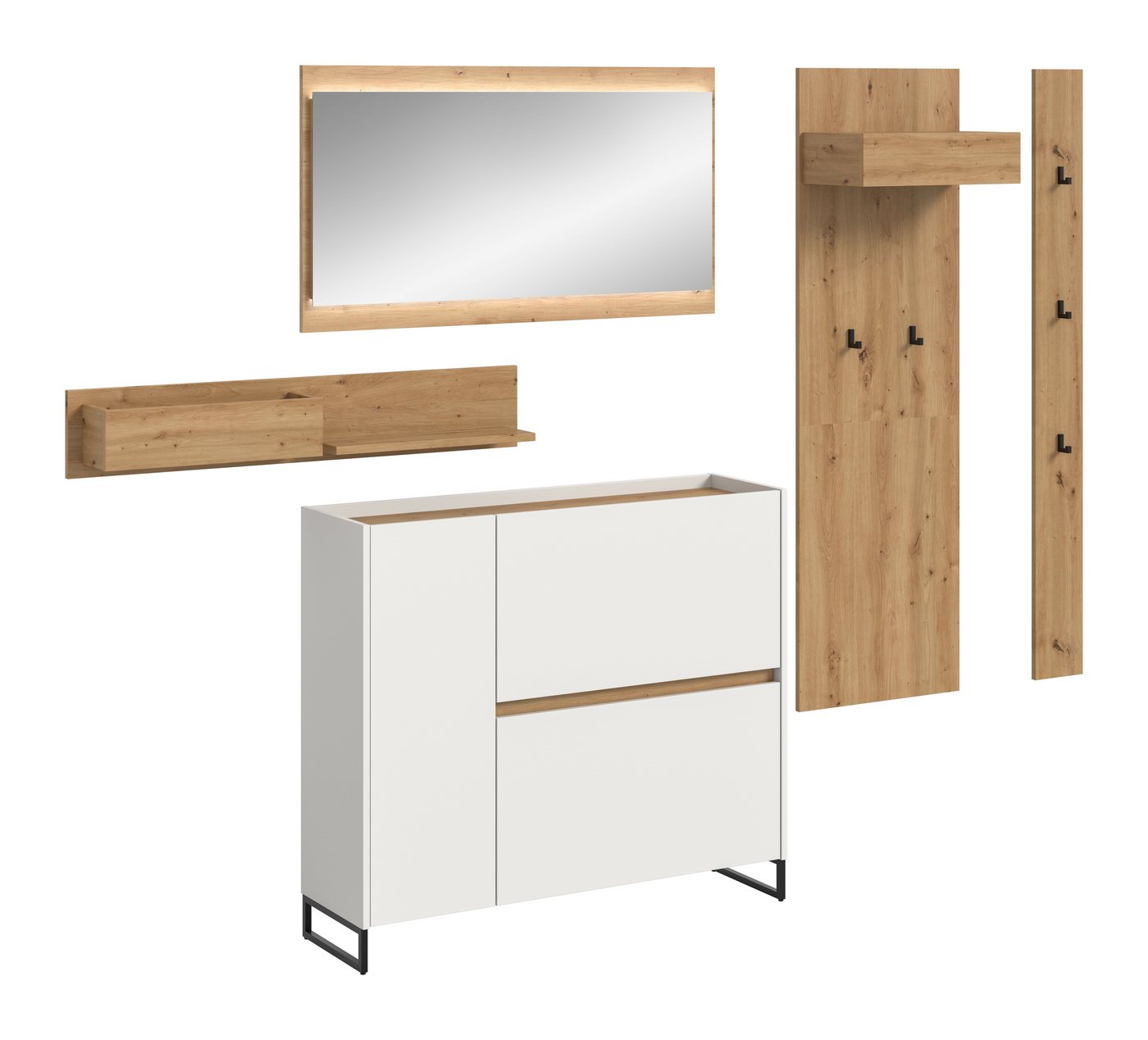 furnling Garderoben-Set Dravo, (5-St., Beleuchtung, 2x Garderobenpaneel, Hängeregal, Schuhkommode, Spiegel), 4 Haken, große Ablagefläche, mit LED-Beleuchtung, weiß/Artisan Oak von furnling