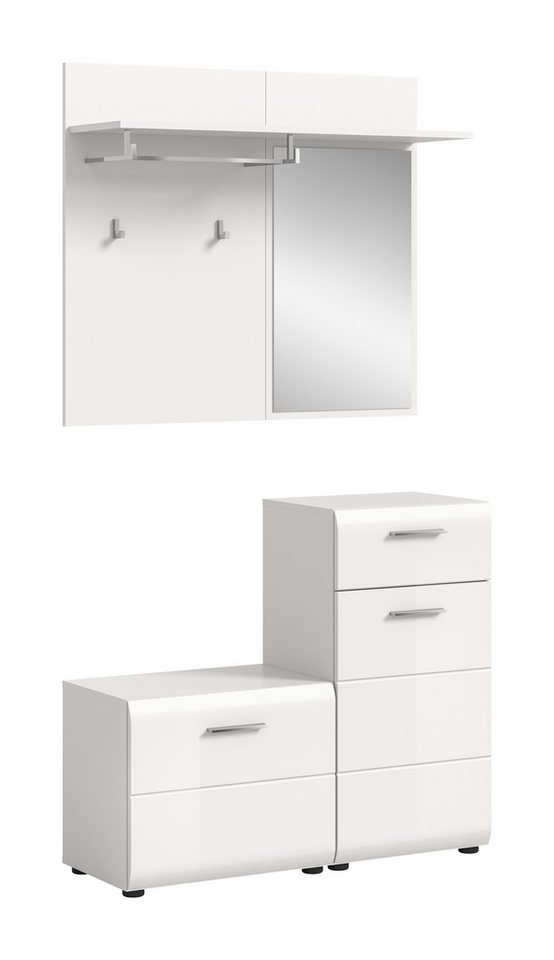 furnling Garderoben-Set Ivy, (4-St., Garderobenpaneel, Kommode, Sitzbank, Spiegel), Garderobenmöbel, 1 Kleiderstange, 2 Haken, Hochglanz Front, weiß von furnling