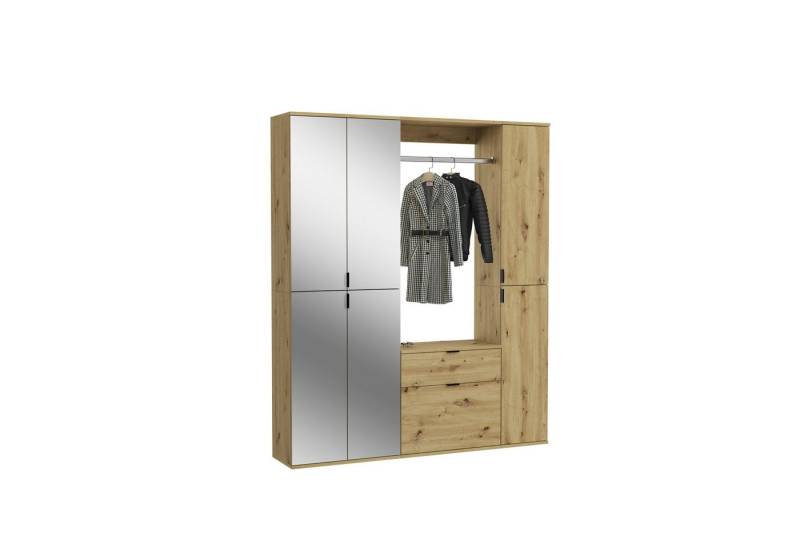 furnling Garderoben-Set Professor, (3-St., aus 1 Garderobe, 2 Garderobenschränken), 2 Schubladen, 2 Türen, 4 Spiegeltüren, Garderobenstange, Spiegelfront von furnling
