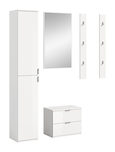 furnling Garderoben-Set Professor, Garderobenkombination, mit 2er Set Garderobenpaneel, Hochschrank, Sitzbank, Spiegel, Hochglanz Front, Breite 148 cm, weiß von furnling