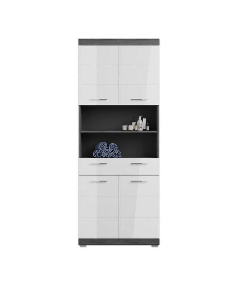 furnling Hochschrank Scott 4 Türen, 1 Schublade, 2 offene Fächer, Badmöbel, Badschrank, weiß von furnling