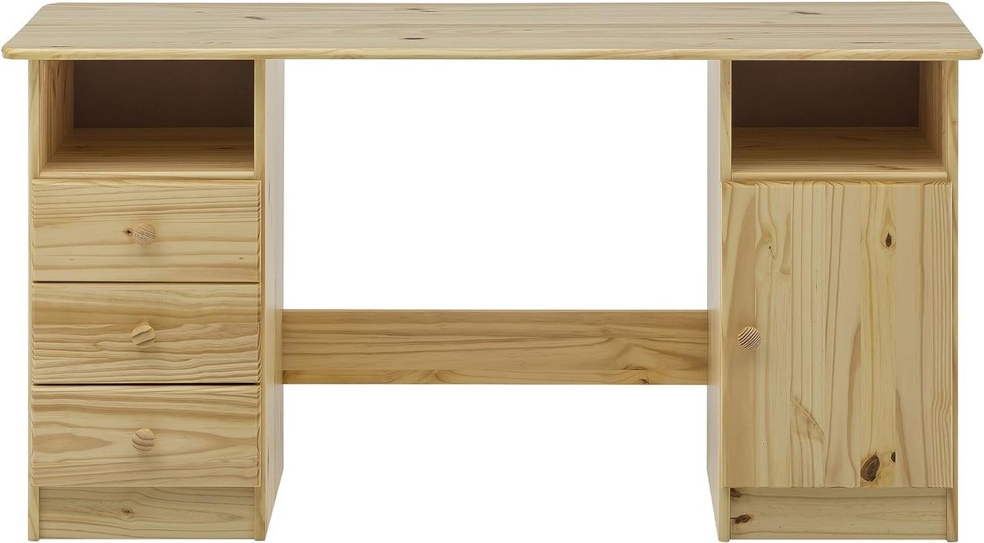 furnling Schreibtisch Oslo, aus massivem Kieferholz,1-türig mit 3 Schubladen und 2 offenen Fächern von furnling