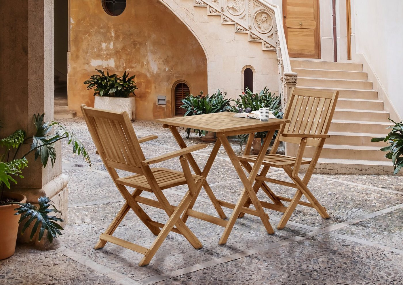 furnling Sitzgruppe Venedig, (3-tlg., 2 Stühle und 1 Tisch), Gartenmöbel-Set Akazie für 2 Personen, Tisch und Stühle klappbar von furnling