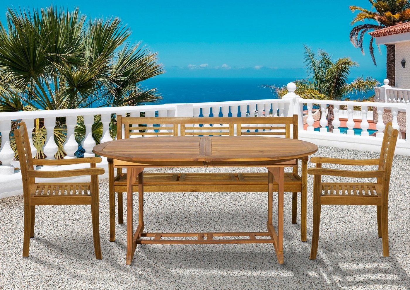 furnling Sitzgruppe Venedig, (4-tlg., 2 Stühle, 1 Tisch und 1 Bank), Gartenmöbel-Set Akazie für 5 Personen mit ausziehbarem Tisch von furnling