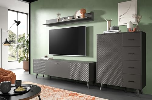 furnling Wohnkombination Linia, Wohnzimmer-Set 3-teilig aus Lowboard, Kommode, Wandboard, Karo Optik, grau matt von furnling