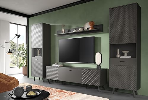 furnling Wohnkombination Linia, Wohnzimmer-Set 4-teilig aus Lowboard, 2 Vitrinen, Wandboard, Karo Optik, grau matt von furnling