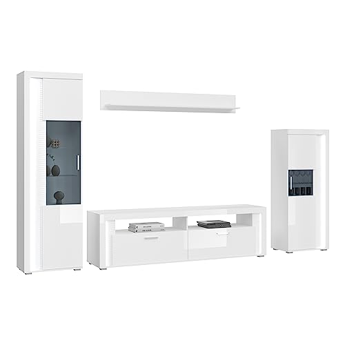 furnling Wohnkombination Stanley, Wohnzimmer-Set 4-teilig aus Lowboard, Vitrine, Vitrine halbhoch, Wandboard, Hochglanz Front, Frontbeleuchtung, weiß von furnling