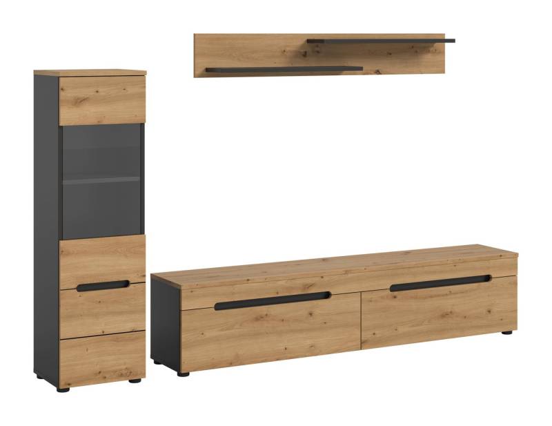 furnling Wohnzimmer-Set Cano, (3-St., Lowboard, Vitrine, Wandboard), Wohnzimmermöbel, Komplett-Set, Breite 221 cm, Basalt grau/Artisan von furnling