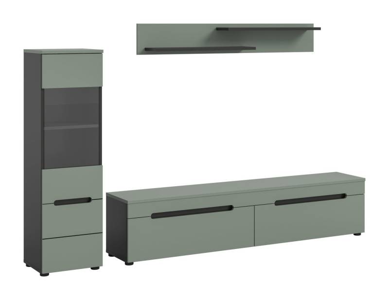 furnling Wohnzimmer-Set Cano, (3-St., Lowboard, Vitrine, Wandboard), Wohnzimmermöbel, Komplett-Set, Breite 221 cm, Basalt grau/Smoke Green von furnling