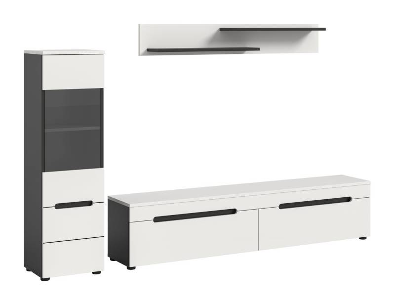 furnling Wohnzimmer-Set Cano, (3-St., Lowboard, Vitrine, Wandboard), Wohnzimmermöbel, Komplett-Set, Breite 221 cm, Basalt grau/weiß von furnling