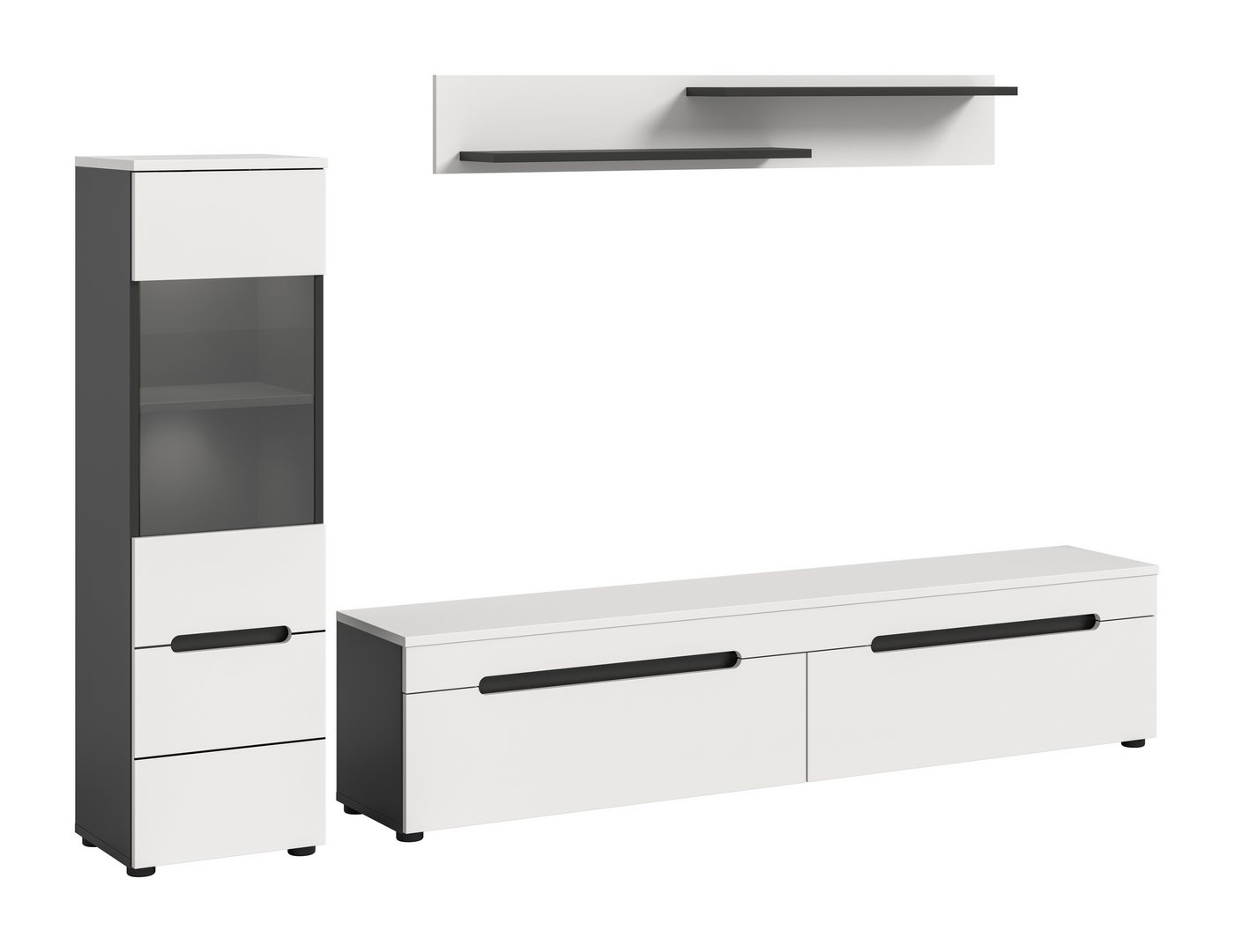 furnling Wohnzimmer-Set Cano, (3-St., Lowboard, Vitrine, Wandboard), Wohnzimmermöbel, mit LED-Beleuchtung, Breite 221 cm von furnling