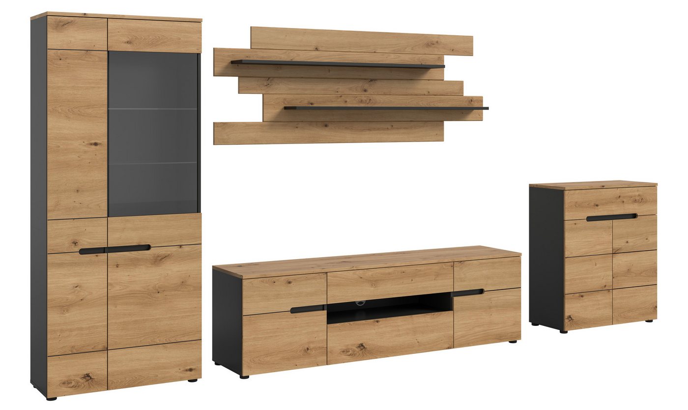 furnling Wohnzimmer-Set Cano, (4-St., Kommode, Lowboard, Vitrine, Wandboard), Wohnzimmermöbel, Komplett-Set, Breite 375 cm, Basalt grau/Artisan von furnling