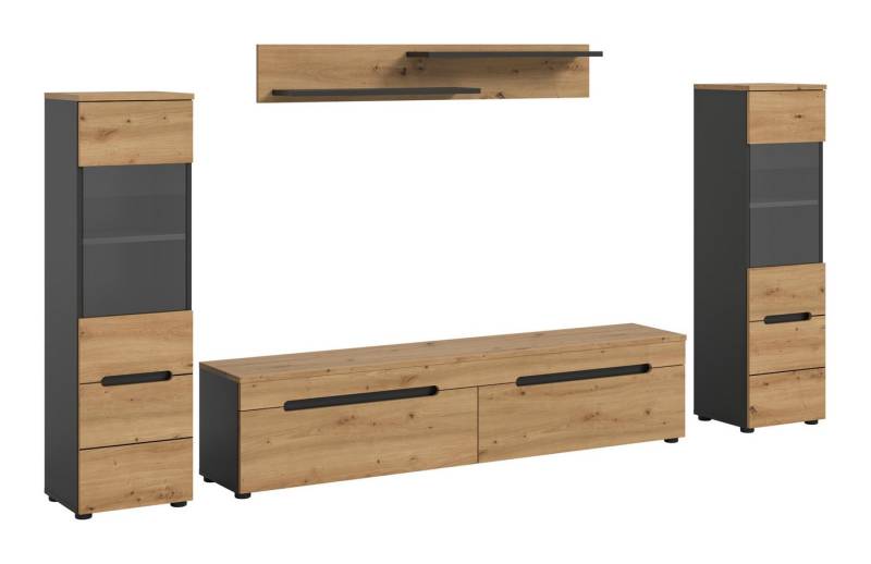 furnling Wohnzimmer-Set Cano, (4-St., Lowboard, 2 Vitrinen, Wandboard), Wohnzimmermöbel, Komplett-Set, Breite 272 cm, Basalt grau/Artisan von furnling