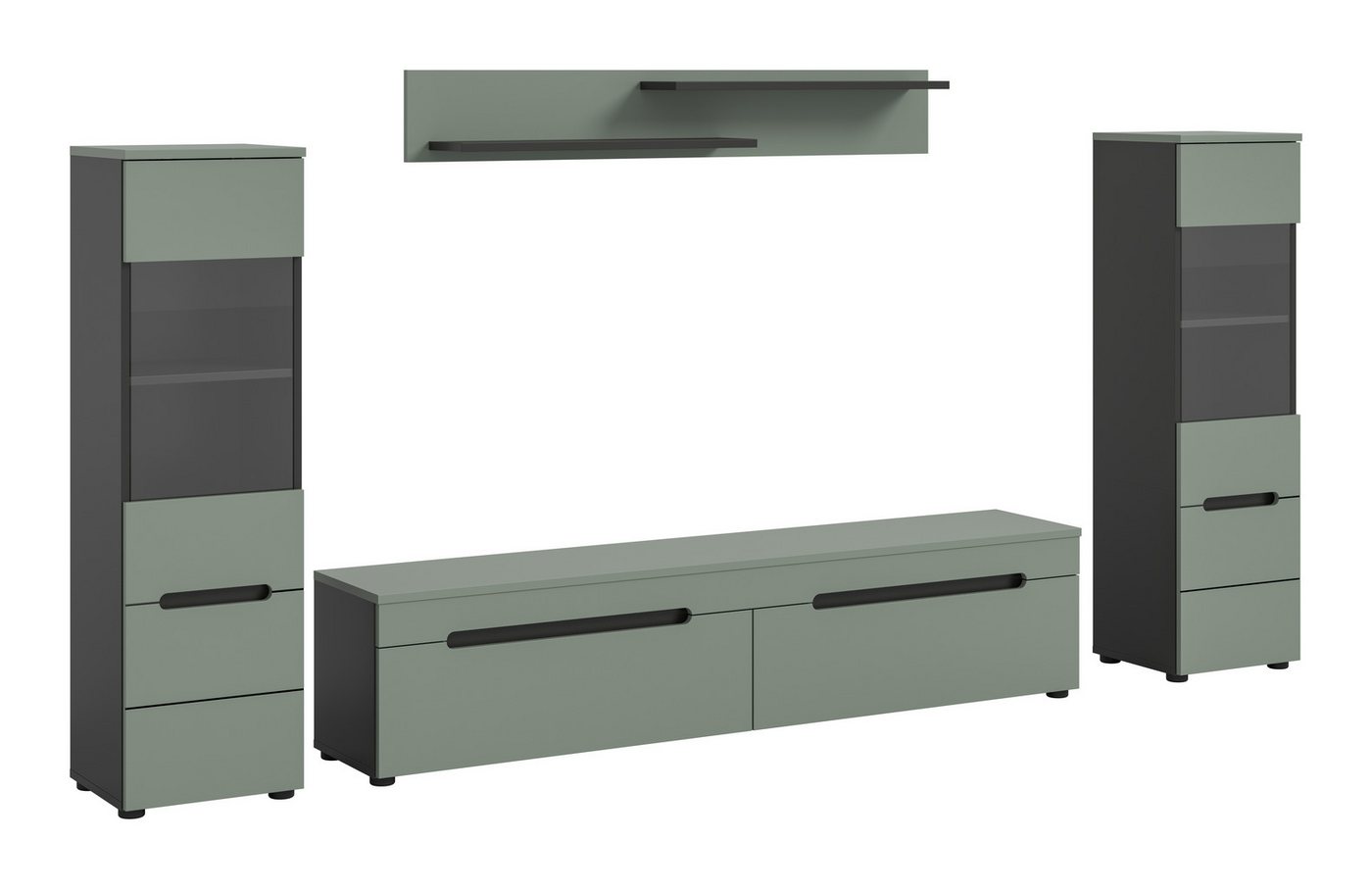 furnling Wohnzimmer-Set Cano, (4-St., Lowboard, 2 Vitrinen, Wandboard), Wohnzimmermöbel, Komplett-Set, Breite 272 cm, Basalt grau/Smoke Green von furnling