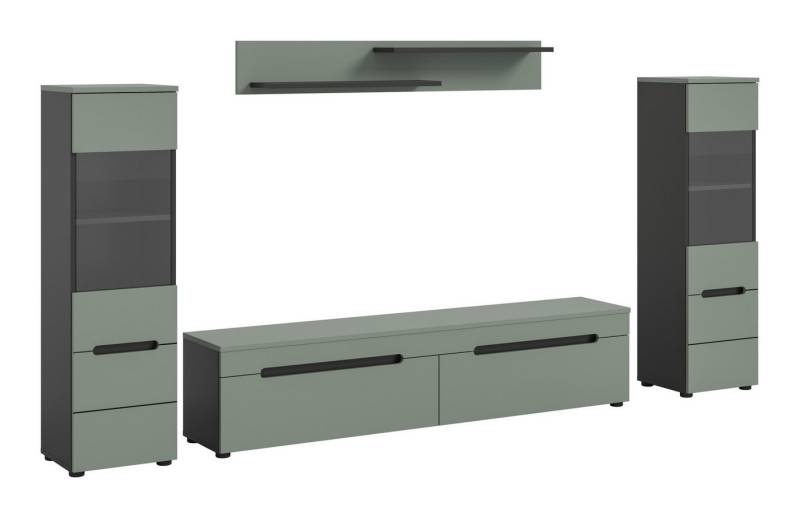 furnling Wohnzimmer-Set Cano, (4-St., Lowboard, 2 Vitrinen, Wandboard), Wohnzimmermöbel, Komplett-Set, Breite 272 cm, Basalt grau/Smoke Green von furnling