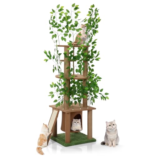 Katzbaum mit künstlichen Grünpflanzen– Ultrahohes 5-stufiges Design (195 cm) – Mit gemütlicher Ruhezone für Katzen ausgestattet – Vielseitige Unterhaltungsfunktionen zum Verstecken, Kratzen und Klette von furpal