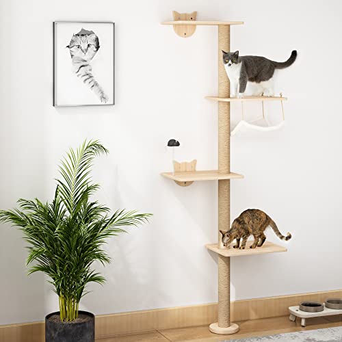 Kratzbaum für Katzen Wand Klettern 4 Etagen Katzenturm(176 cm) aus Natürliches Kiefernholz Katzenregal mit Hängematte und Sisal-Kratzmatte Federnde Spielmaus Kletterwand für Wohnungskatzen Kratzbaum für Katzen Wand Klettern 4 Etagen Katzenturm(176 cm) aus Natürliches Kiefernholz Katzenregal mit Hängematte und Sisal-Kratzmatte Federnde Spielmaus Kletterwand für Wohnungskatzen von furpal