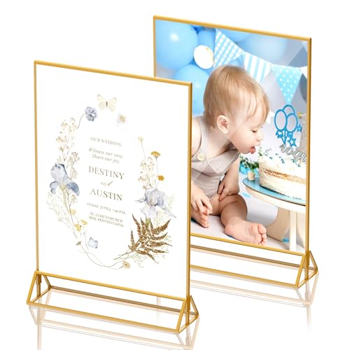 Aufsteller A4 Gold,Doppelseitige Bilderrahmen A4, 2St Acryl Tishkartenhalter Tischnummern-Aufsteller Golde für Hochzeit Tischdeko,Schicker Flyerständer Kartenständer Bilderrahmen für Kinderzeichnungen von futrue-wolker