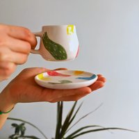 Einzigartige Bunte Hände Clay Espresso-Tasse Mit Teller, Keramik Teetasse, Moderne Küchen-Dekor, Housewarminggeschenk, Bester Freund Geschenk von gaguatelier