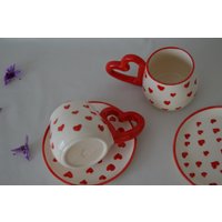 Herz Muster Griff Ton Espressotasse Und Teller, Küchendekor, Housewarminggeschenk, Modernes Dekor, Teetasse, Hochzeitsgeschenk, Geschenk Für Mama von gaguatelier