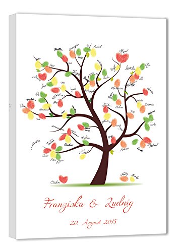 galleryy.net Fingerabdruck Baum Leinwand 45x30 mit NAMEN & DATUM - INKL Zubehör-Set (Stempelkissen+Stift+Anleitung+Hochzeitsbuch+...) - Hochzeitsbaum Fingerabdruck Gäste - Wedding Tree Leinwand von galleryy.net