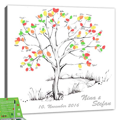 galleryy.net Hochzeitsbaum Fingerabdruck 40x40 cm mit NAMEN & DATUM - INKL Zubehör-Set (Stempelkissen+Stift+Anleitung+Hochzeitsbuch+...) - Wedding Tree Zeichenstil grau - Hochzeitsbaum Fingerabdruck von galleryy.net