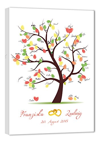 galleryy.net Fingerabdruck Baum Leinwand 90x60 mit NAMEN & DATUM - INKL Zubehör-Set GRATIS (Stempelkissen+Stift+Anleitung+Hochzeitsbuch+.) - Hochzeitsbaum mit Ringen - Wedding Tree von galleryy.net