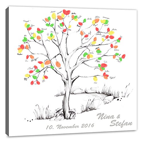 galleryy.net Fingerabdruck Leinwand 80x80 cm mit Namen & Datum - INKL Zubehör-Set GRATIS (Stempelkissen+Stift+Anleitung+Hochzeitsbuch+.) - Wedding Tree Zeichenstil grau - Fingerabdruck Baum Leinwand von galleryy.net