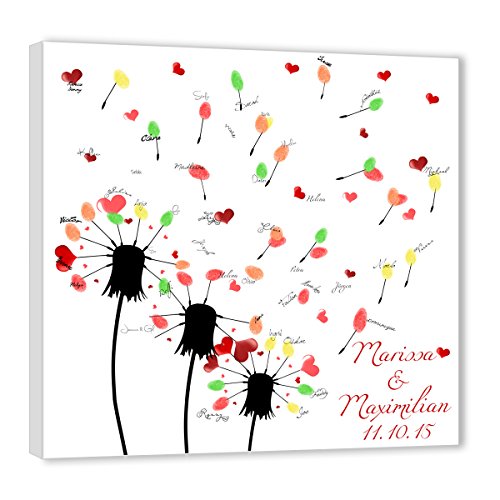 galleryy.net Fingerabdruck Leinwand 80x80 mit NAMEN & DATUM - INKL Zubehör-Set (Stempelkissen+Stift+Anleitung+Hochzeitsbuch+...) - Pusteblume - Hochzeitsbaum Fingerabdruck von galleryy.net