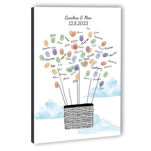 galleryy.net Fingerabdruck-Leinwand Hochzeit Leinwand 40x30 cm - Individuell mit Namen & Datum - INKL. Zubehör-Set mit Stempelkissen, Stift und Hochzeitsbuch - Motiv - Ballonkorb von galleryy.net