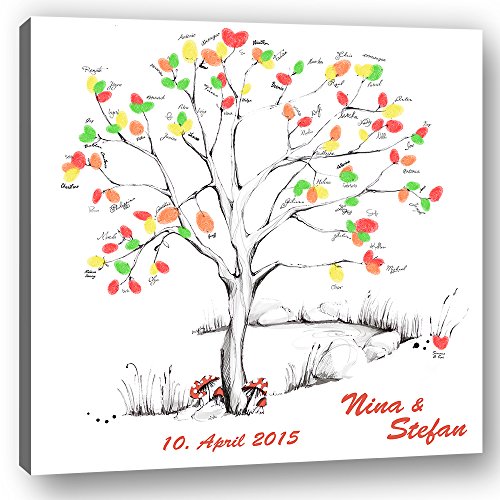 galleryy.net Hochzeitsbaum Fingerabdruck 40x40 mit NAMEN & DATUM - INKL Zubehör-Set (Stempelkissen+Stift+Anleitung+Hochzeitsbuch+...) - Wedding Tree Zeichenstil - Hochzeitsbaum Fingerabdruck von galleryy.net