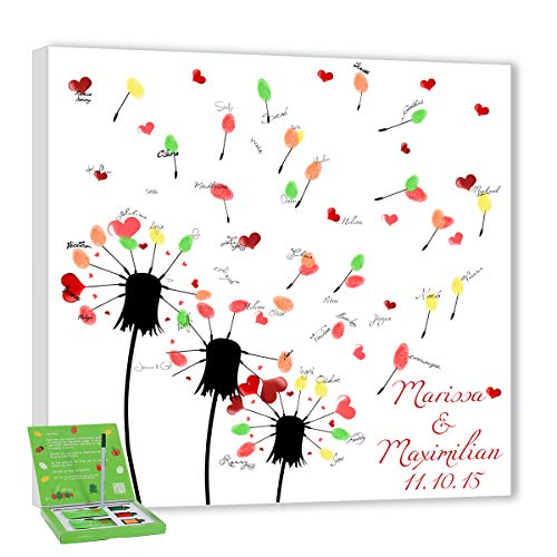 galleryy.net Hochzeitsbaum Fingerabdruck 40x40 mit NAMEN & DATUM - INKL Zubehör-Set (Stempelkissen+Stift+Anleitung+Hochzeitsbuch+...) - Pusteblume - Hochzeitsbaum Fingerabdruck von galleryy.net