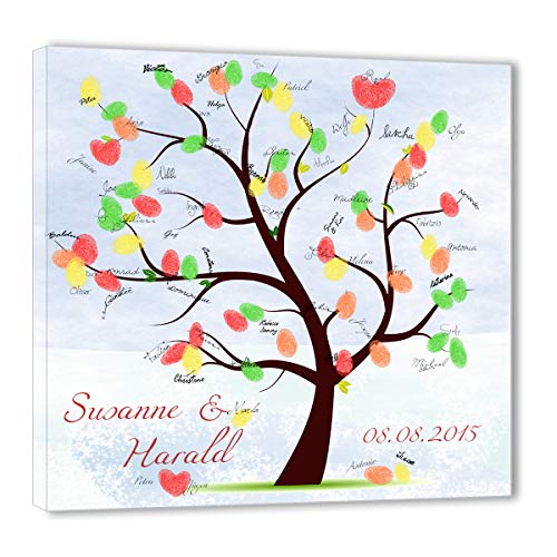 galleryy.net Hochzeitsbaum Fingerabdruck 60x60 mit NAMEN & DATUM - INKL Zubehör-Set (Stempelkissen+Stift+Anleitung+Hochzeitsbuch+...) - Ehebaum Hintergrund - Fingerabdruck Baum Leinwand von galleryy.net