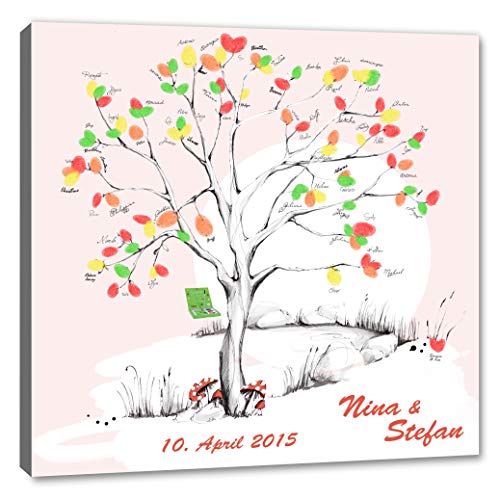 galleryy.net Fingerabdruck-Leinwand 60x60 mit NAMEN & DATUM - INKL Zubehör-Set (Stempelkissen+Stift+Anleitung+Hochzeitsbuch+...) - Wedding Tree Sonne - Fingerabdruck Baum Leinwand von galleryy.net