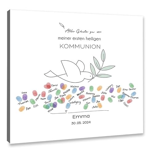 galleryy.net Personalisierte Fingerabdruck-Leinwand Kommunion - Taube Zweig - Leinwand 40x40 cm - Individuell mit Namen & Datum - INKL. Zubehör-Set mit Stempelkissen und Stift von galleryy.net