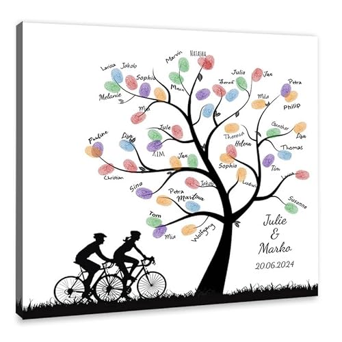 galleryy.net Personalisierter Fingerabdruck-Baum Hochzeit - Fahrradfahren Paar - Leinwand 50x50 cm - Individuell mit Namen & Datum - INKL. Zubehör-Set mit Stempelkissen und Stift von galleryy.net