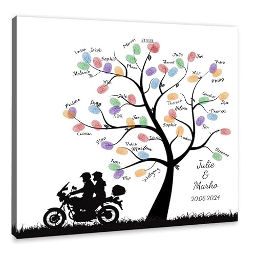 galleryy.net Personalisierter Fingerabdruck-Baum Hochzeit - Motorradpaar - Leinwand 50x50 cm - Individuell mit Namen & Datum - INKL. Zubehör-Set mit Stempelkissen und Stift von galleryy.net