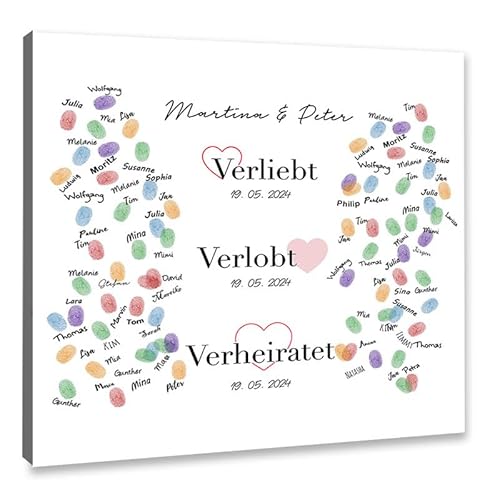 galleryy.net Personalisierter Fingerabdruck-Baum Hochzeit - Verliebt, Verlobt, Verheiratet - Leinwand 40x40 cm - Individuell mit Namen & Datum - INKL. Zubehör-Set mit Stempelkissen und Stift von galleryy.net