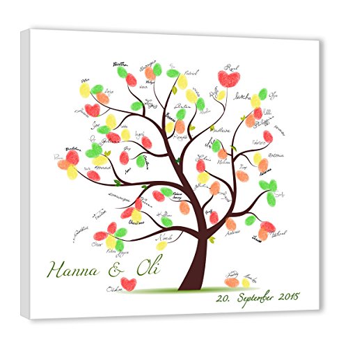 galleryy.net Wedding Tree Leinwand 80x80 mit NAMEN & DATUM - INKL Zubehör-Set (Stempelkissen+Stift+Anleitung+Hochzeitsbuch+...) Ehebaum braun - Hochzeitsbaum Fingerabdruck von galleryy.net