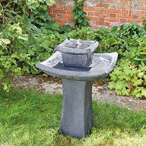 Garden Mile® Wasserbrunnen mit 2 Ebenen, Kaskaden-Pagode, solarbetrieben, freistehend, Stein-Vogeltränke, Wasserspiel, Gartendekoration, dekoratives Mittelstück für Teich, Terrasse und Rasen von garden mile