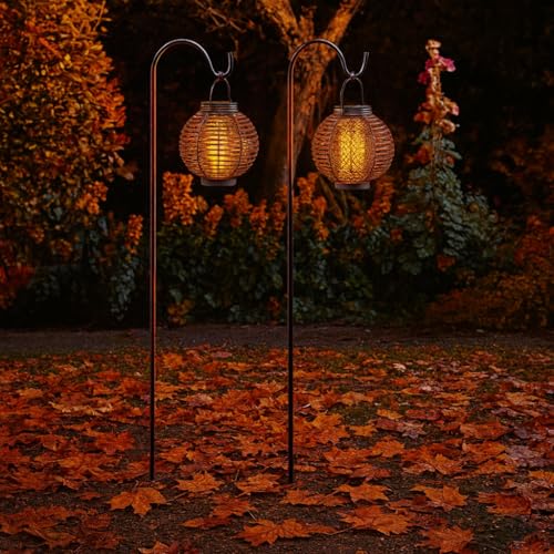 Garden Mile 2pc Solar LED Laternen Hängende Herbstbeleuchtung für Garten Licht Up Lampen mit Flammeneffekt 2er Set Herbstlichter für Außen Hängeleuchten mit Haken von garden mile
