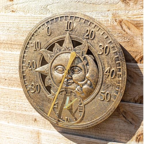 Garden Mile Groß Vintage Modern Retro-stil Garten Innen/Außenbereich Wanduhr Dekorativ Zaun Ornament Thermometer Luftdruck Montierbar Wetterfest Wetter Station Hygrometer Passend für KücheHeim von garden mile