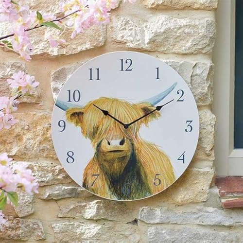 Garden Mile Handbemalte Wanduhren für den Innen- und Außenbereich für Gartendekoration und Wohnkultur Große Auswahl an Tiergesichtsuhren (Highland Cow) von garden mile